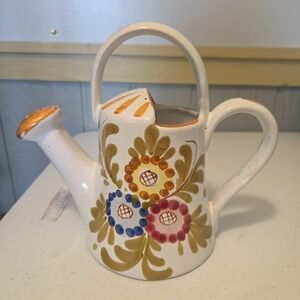Italy Pottery Watering Can Flower Vase Hand Painted Multi Color Flower Garden